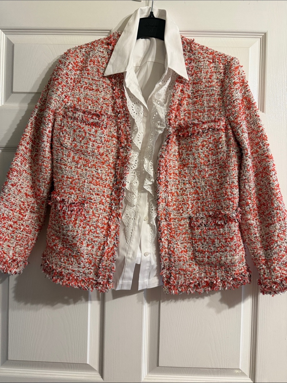 Ann Taylor Pink & White Tweed Fringed Cropped Blazer